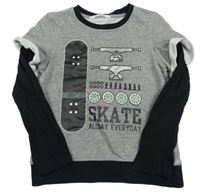 Sivo-čierna melírovaná tepláková vesta so skateboardom a všitým trikem H&M