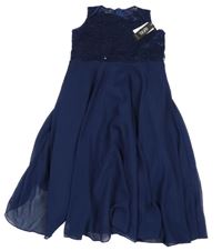 Nové - tmavomodré slavnostní šaty s krajkou s flitry iEFiEL