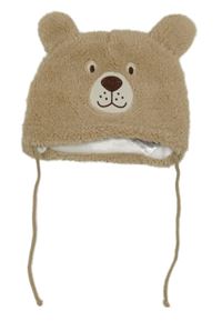 Béžová huňatá zavazovací čepice - medvedík Ergee
