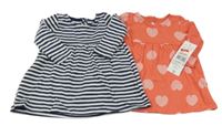 Nové - 2x - Šaty - Tmavomodro-bílé pruhované, lososové se srdíčky F&F