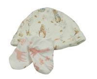 2Set - Smotanová čapica s králíčky - Peter Rabbit morrisons + bílé rukavice se zvířátky