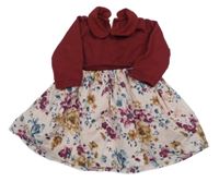 Vínovo-světlerůžové svetrovo/plátěné šaty s kytičkami a límečkem Tu