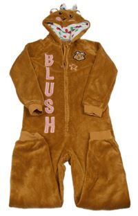 Medová plyšová kombinéza s medvídkem Blush a kapucňou George