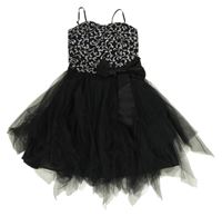 Černé tylové slavnostní šaty s mašlí a kamínky