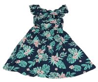 Tmavomodré šaty s lístečky a kvetmi a volánikom Y.F.K.