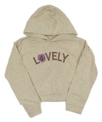Svetlobéžová melírovaná crop mikina s nápisom a květem a kapucňou