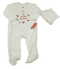 Nové - 2set - Bílý sametový overal s vánočním motivem + čepice Dunnes
