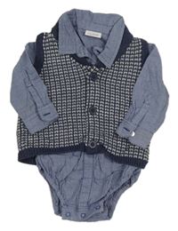 2set - Modro-biele kockované košeľové body + tmavomodro-sivá vzorovaná prepínaci svetrová vesta Next