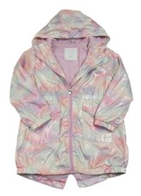 Růžovo-mátovo-lila metalická šusťáková lehce zateplená parka s jednorožci a kapucí Matalan