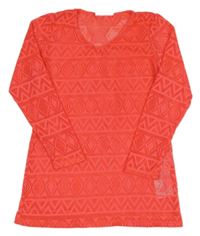 Neónově korálová perforovaný čipková šatová tunika zn. Y.F.K.