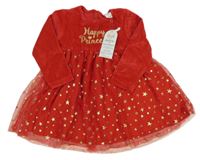 Nové - Červené sametovo/tylové šaty s nápisem a hvězdami DeFacto