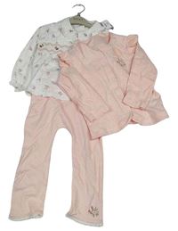 Nové - 3set - Biele perforované kvetované tričko s límečkem + světlerůžové legíny + propínací kabátek Next