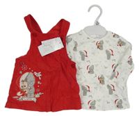 Nové - 2 set - bílé triko s medvědy + červené laclové manšestrové šaty s medvědem 