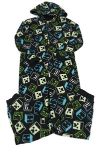 Černo-zeleno-modrá vzorovaná fleecová kombinéza s Minecraft a kapucí George