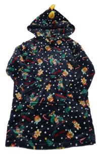 Tmavomodrá plyšová oversize mikina s vánočními obrázky a kapucňou