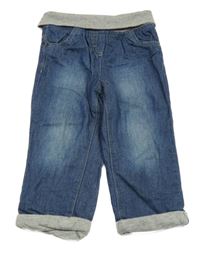 Modré podšité kalhoty s šedým úpletovým pasem 