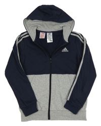 Tmavomodro-šedá propínací mikina s logem a kapucí Adidas