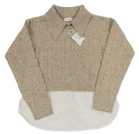 Nové - Béžový melírovaný svetr s límečkem a halenkovým prvkem Primark