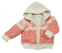 Bílo-růžový vzorovaný propínací zateplený svetr s kapucí C&A