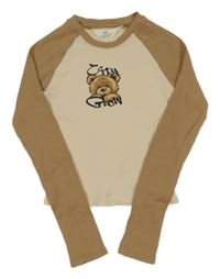 Béžovo-hnedé rebrované crop tričko s medvěďom H&M