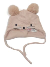 Svetloružová pletená čapica s ňufáčikom  a bambulemi H&M