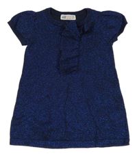 Tmavomodré trblietavé svetrové šaty s volánikmi H&M