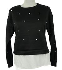 Dámská černá mikina s bílou halenkovou vsadkou a perličkami Shein 