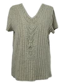 Dámske béžové rebrované úpletové tričko s čipkou