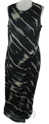 Dámské černo-béžové vzorované tylové midi šaty s řasením 