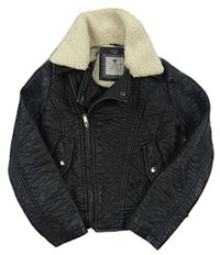 Čierna koženková zateplená bunda - krivák s kožúškom M&Co.