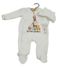 Nové - 2set- bílý sametový overal s obrázkem+ čepice Dunnes