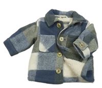 Tmavomodro-bielo-zelená kockovaná flaušová zateplená košeľová bunda George