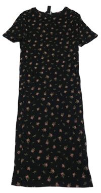 Černé žebrované květinové šaty New Look