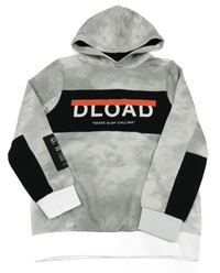 Šedo-bílo-černá mikina s nápisem a kapucí C&A