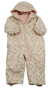 Béžová šusťáková zimní komibnéza s kytičkami a kapucí Lupilu 