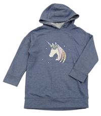 Modrošedé melírované teplákové šaty s jednorožcem z překlápěcích flitrů a kapucí Next