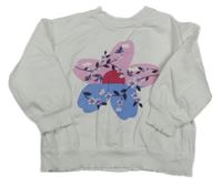 Biela oversize crop mikina s květem s větvičkami a vtáčky KIDS