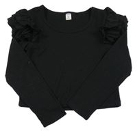 Černé žebrované triko s volánky Shein