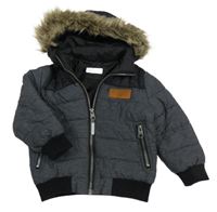 Tmavošedo-černá šusťáková zimní bunda s kapucí H&M