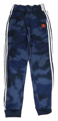 Modro-tmavomodré batikované sportovní funkční tepláky s pruhy Adidas vel. 176 