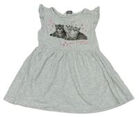 Sivé melírované šaty s koťátky a trblietavými srdiečkami a nápismi a volánikmi PRIMARK