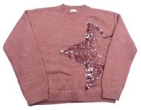 Staroružový melírovaný oversize sveter s hvězdou z překlápěcích flitrů a trblietkami Next