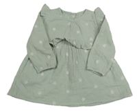 Světleolivové mušelínové šaty s kvetmi a volánikmi Matalan