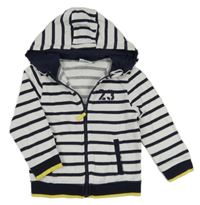 Bielo-tmavomodro-žltá pruhovaná prepínaci mikina s číslom a kapucňou Topolino