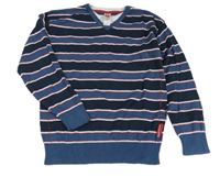 Modrošedo-tmavomodro-bielo-červený pruhovaný sveter so všitým trikem C&A