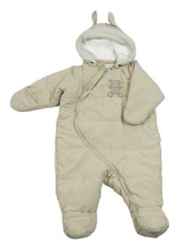 Světlebéžová prošívaná šusťáková zimní kombinéza s medvídkem a odepínací kapucí H&M