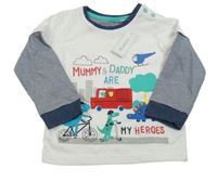 Nové - bielo-tmavomodré tričko s obrázkami a pruhmi Bluezoo