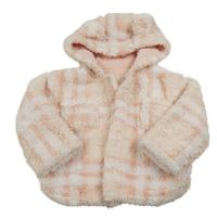 Svetloružová -ružovo-biela kockovaná huňatá bunda s kapucňou s uškami