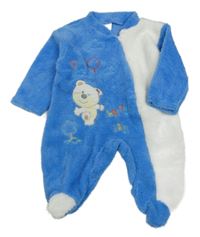 Modro-biela huňatá kombinéza s medvedíkom