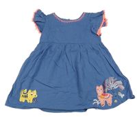 Modré plátenné šaty s tigrom a lamou a palmou a volánikmi M&S